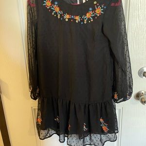 Japna Embroidered floral polka dotted black dress with ruffle sleeves Size Small